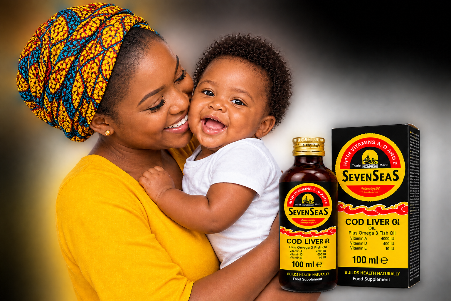 Mother holding her baby beside Seven Seas cod liver oil