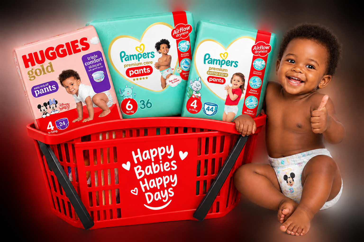 Baby beside a basket of Huggies and Pampers diaper products