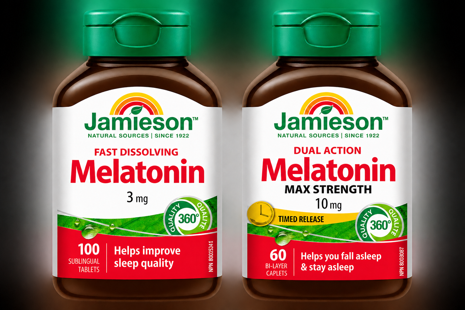 Jamieson Fast Dissolving Melatonin 3 mg and Dual Action Melatonin Max Strength 10 mg