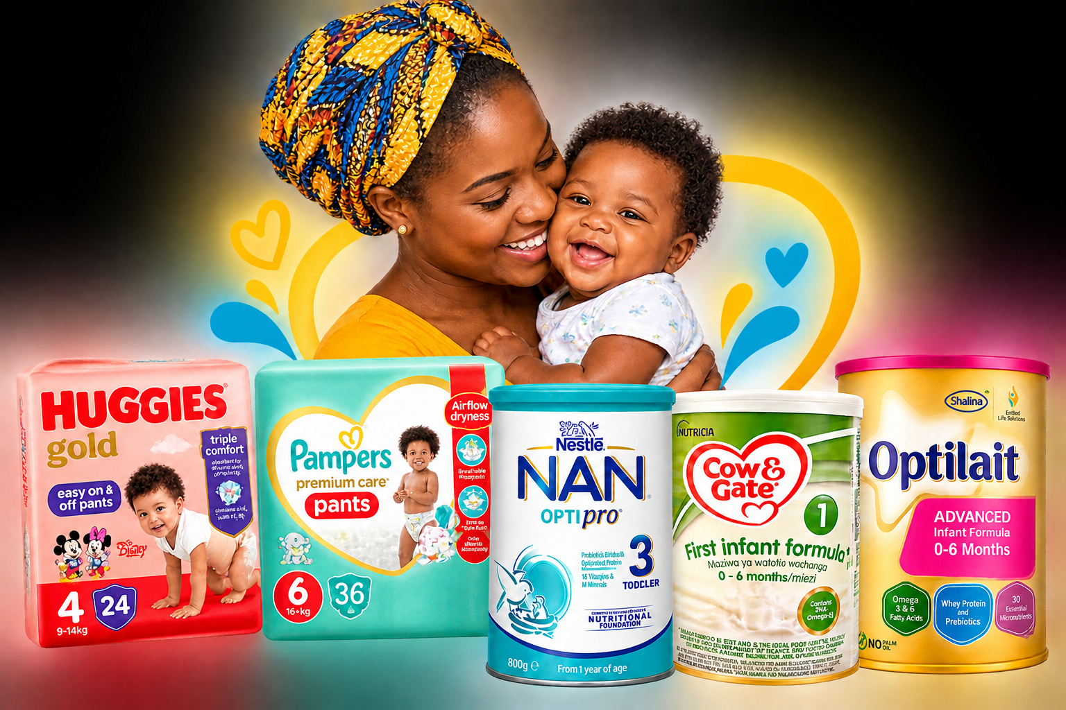 Mother holding her baby behind Huggies, Pampers and infant formula products