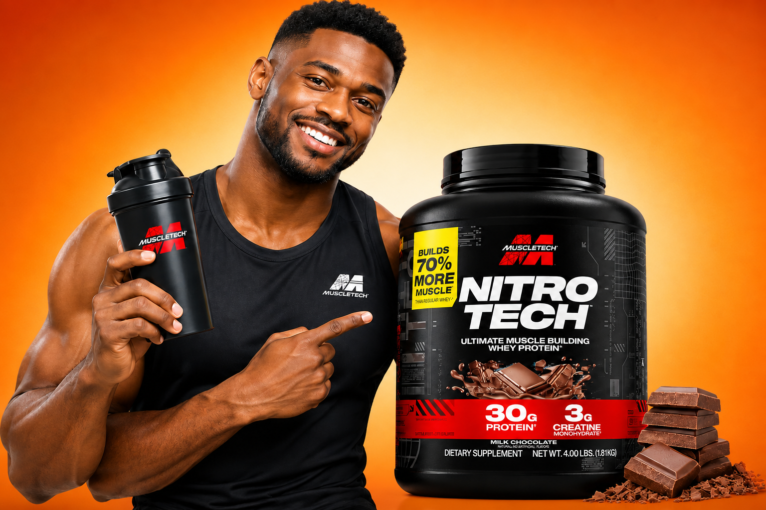 Athlete with MuscleTech Nitro Tech whey protein and shaker